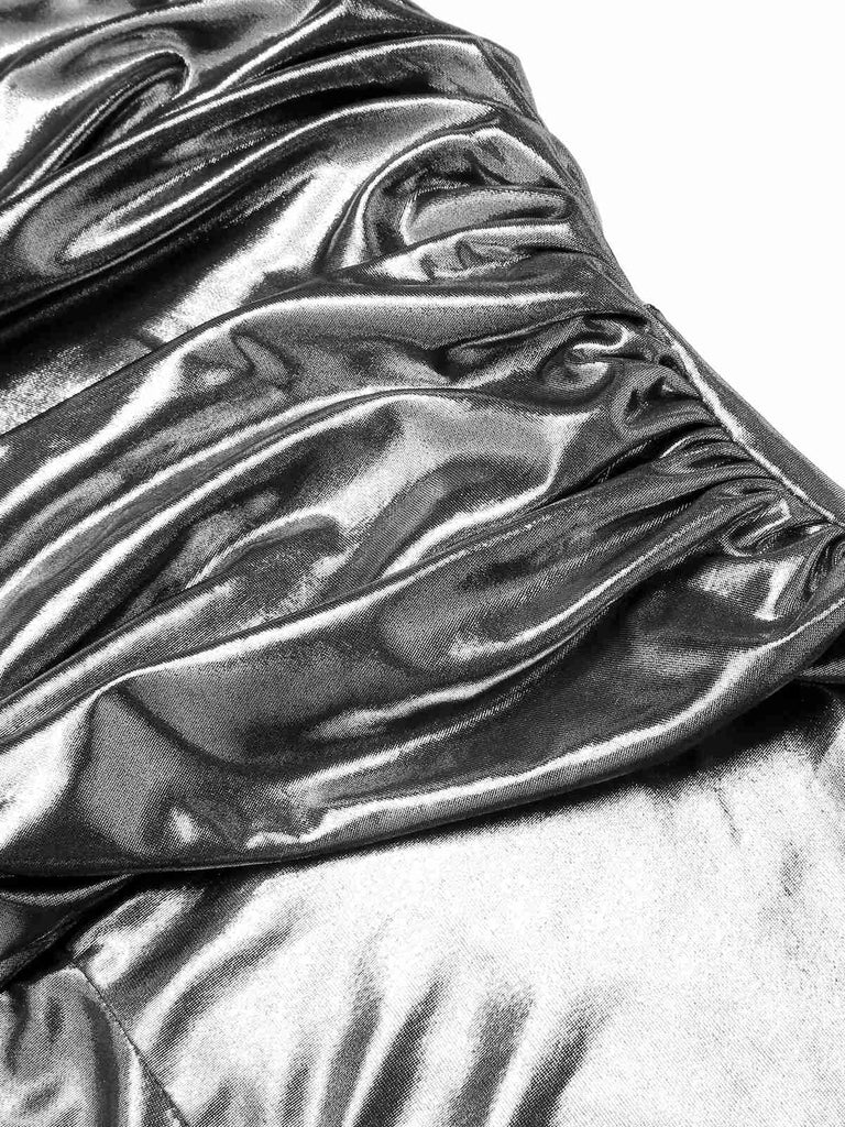 Silber 1970er V-Ausschnitt Halter Pailletten Jumpsuit