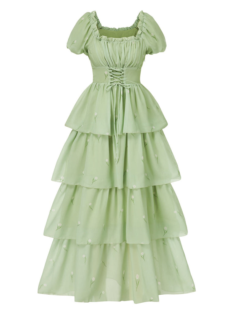 Grau Grün 1970er Stufen Blumen Maxi Kleid