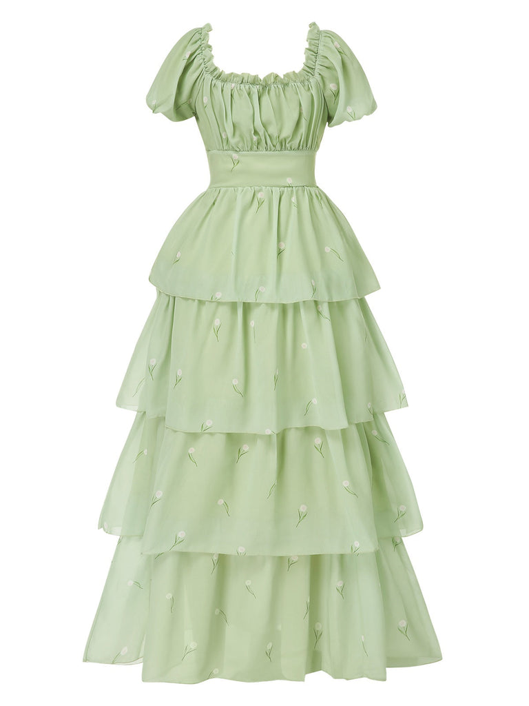 Grau Grün 1970er Stufen Blumen Maxi Kleid