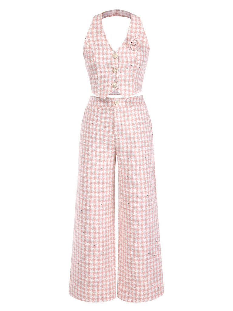 2PCS Rosa 1930er Hahnentritt Halter Crop Top & Hosen