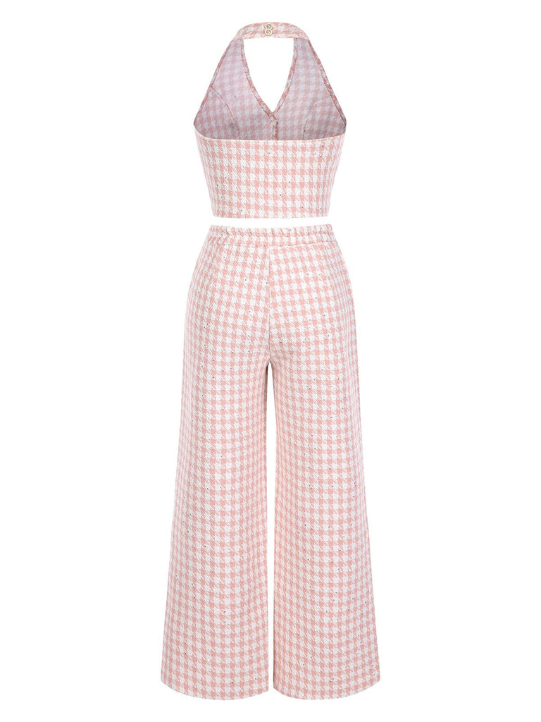 2PCS Rosa 1930er Hahnentritt Halter Crop Top & Hosen