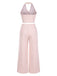 2PCS Rosa 1930er Hahnentritt Halter Crop Top & Hosen
