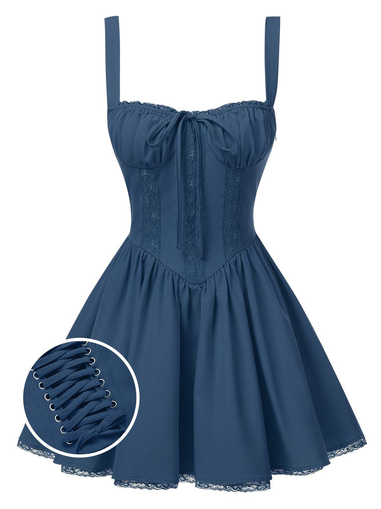 Dunkelblau 1950er Träger Schnürung Korsett Mini Kleid