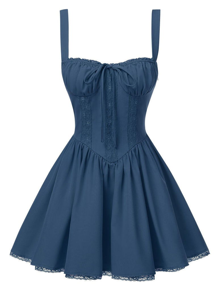 Dunkelblau 1950er Träger Schnürung Korsett Mini Kleid