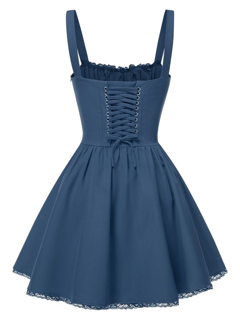 Dunkelblau 1950er Träger Schnürung Korsett Mini Kleid