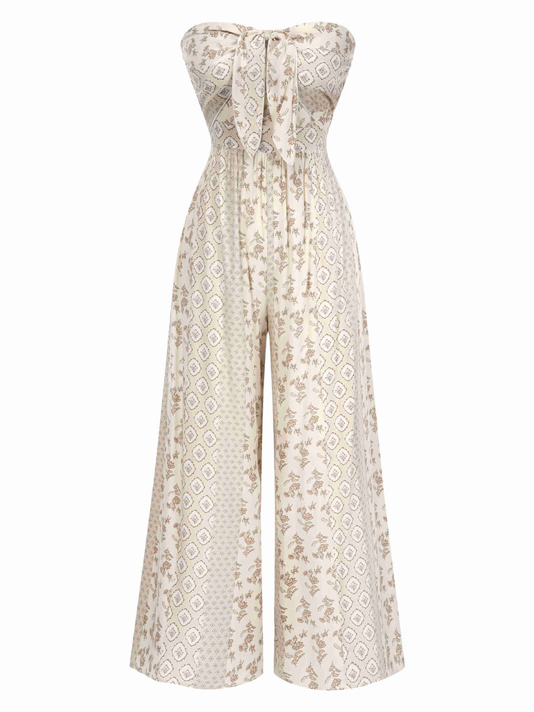 Beige 1970er Bandeau Bogen Blumen Bohemian Jumpsuit