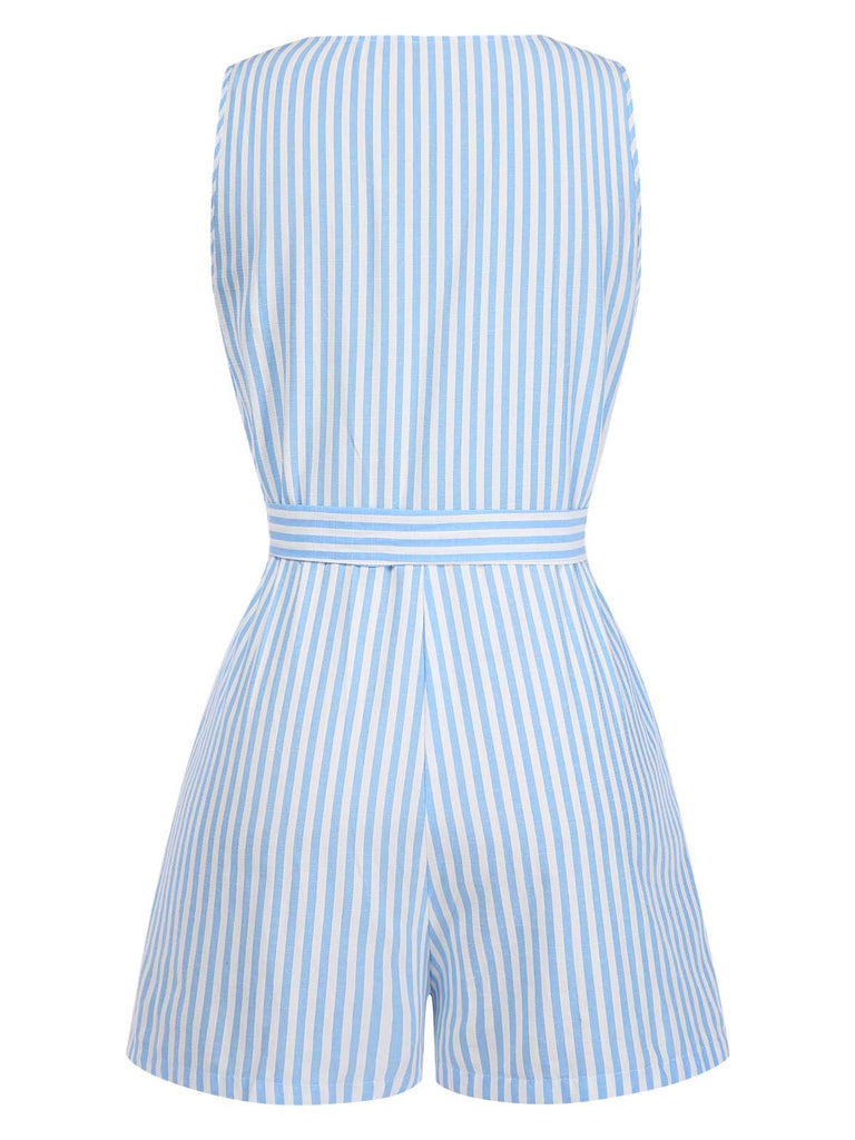 1950er V-Ausschnitt Streifen Ärmellos Gürtel Romper