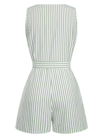 1950er V-Ausschnitt Streifen Ärmellos Gürtel Romper