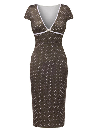 Braun 1960er Tief V-Ausschnitt Polka Dots Kleid