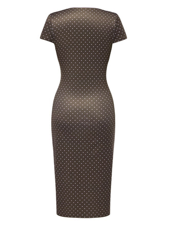 Braun 1960er Tief V-Ausschnitt Polka Dots Kleid