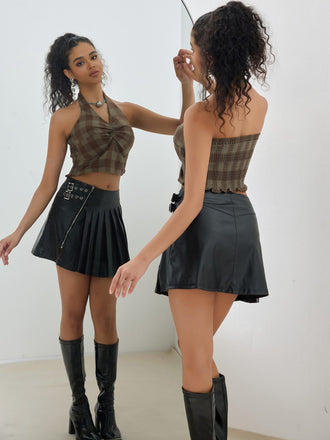 Braun 1930er Halter Gingham Plaid Gesmokt Crop Top