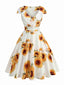 Weiß & Gelb 1950er Sonnenblume Swing Kleid