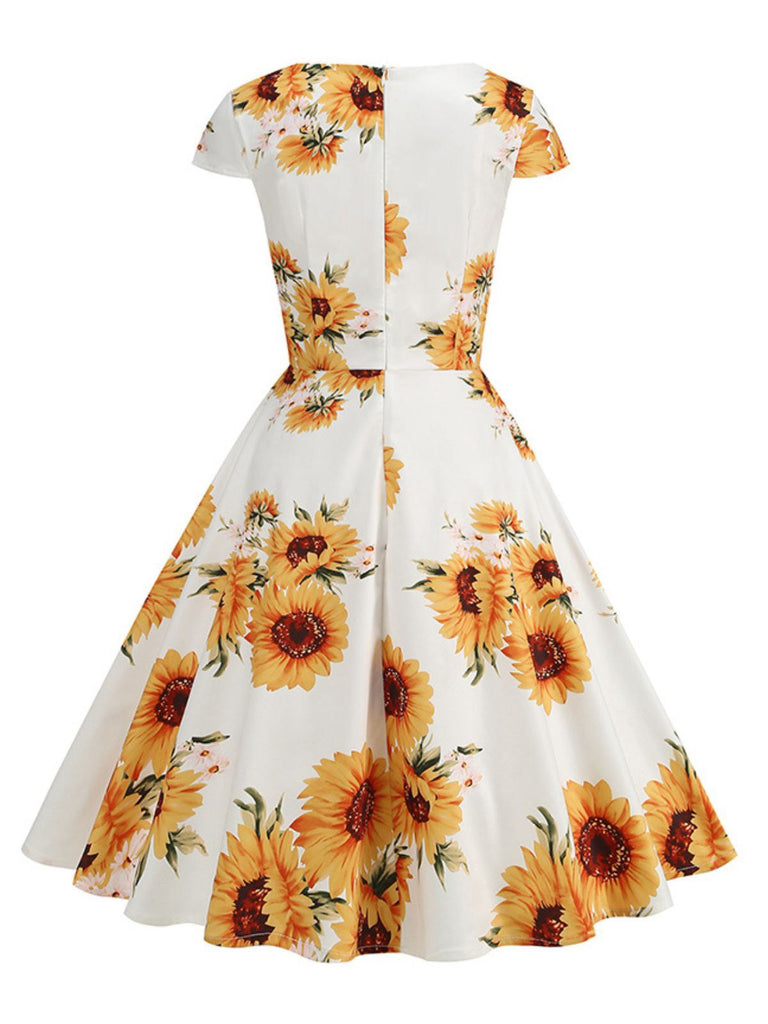 Weiß & Gelb 1950er Sonnenblume Swing Kleid