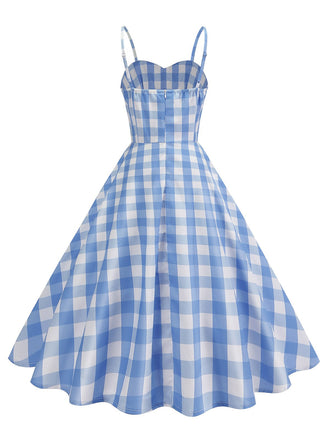 1950er Gerüschtes Spaghetti Träger Gingham Plaid Kleid