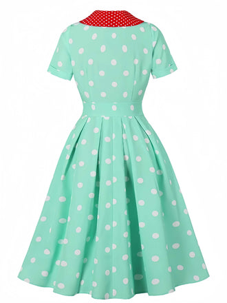 Türkis 1950er Patchwork Polka Dots Kleid