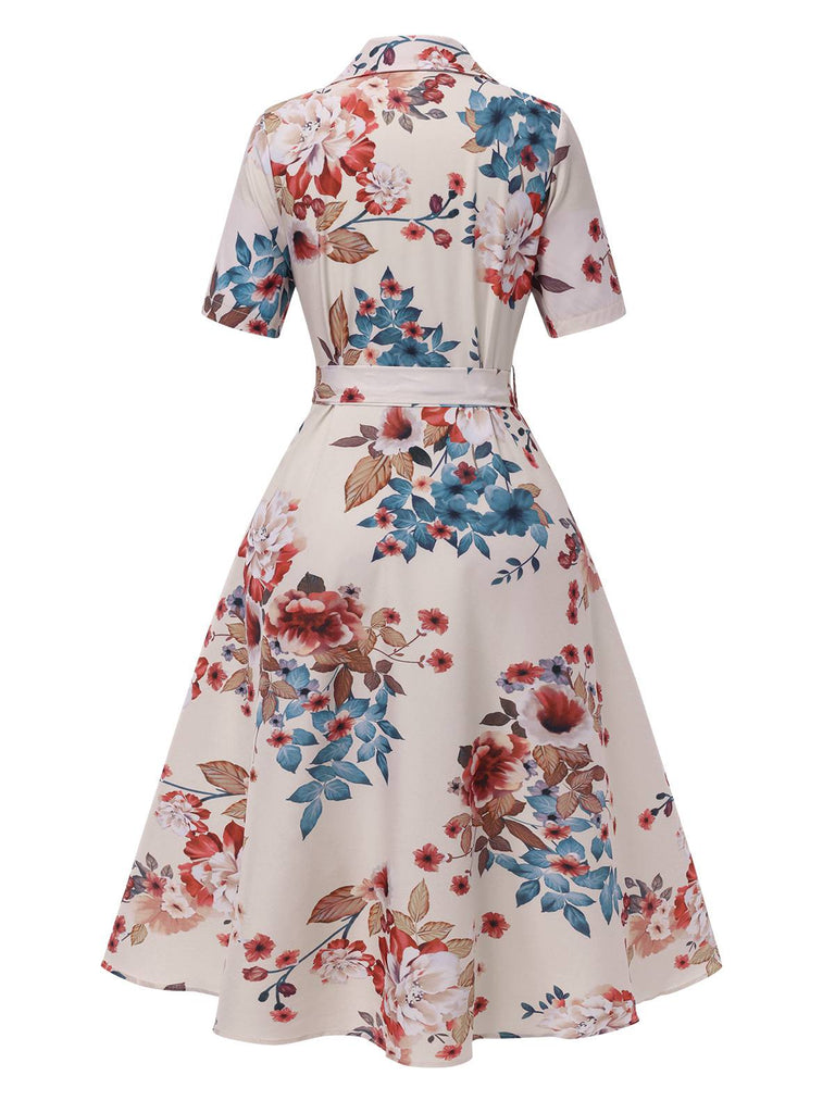 Aprikose 1940er Blumen Gürtel Revers Kleid