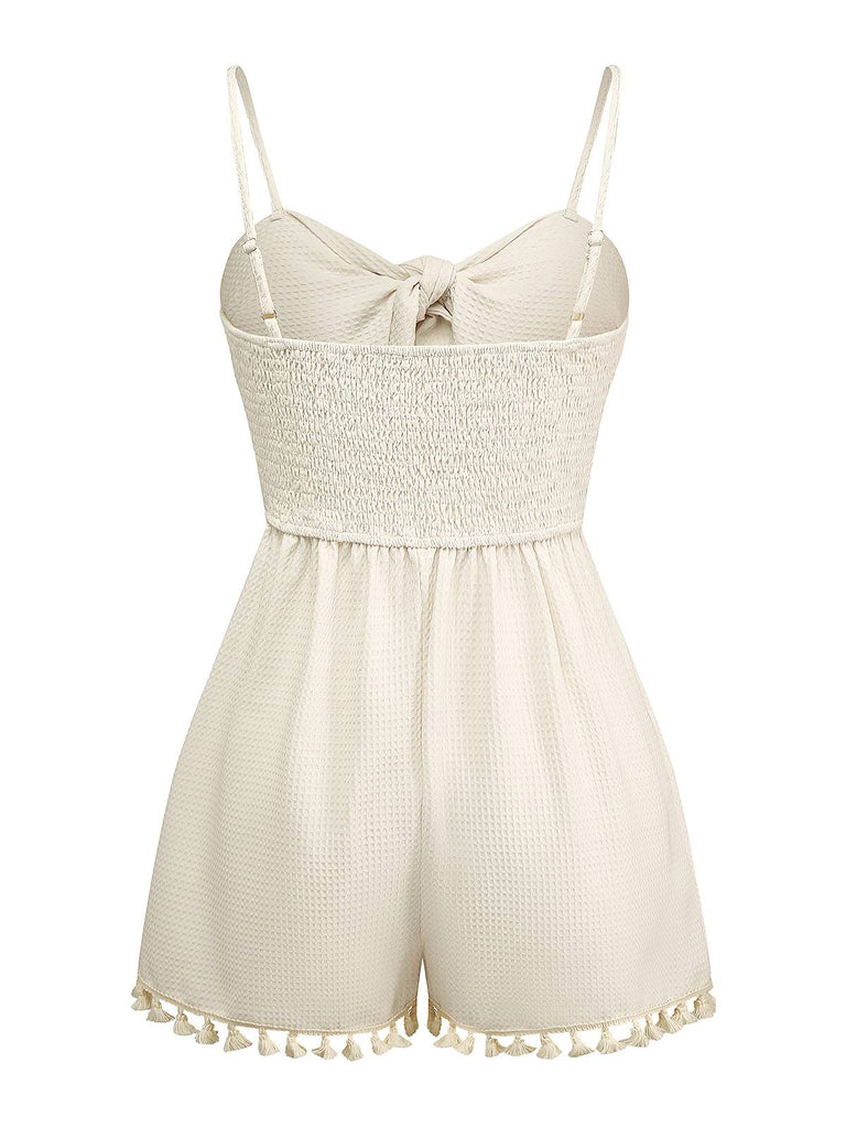 Beige 1950er Solide Spaghetti Träger Gesmokt Romper