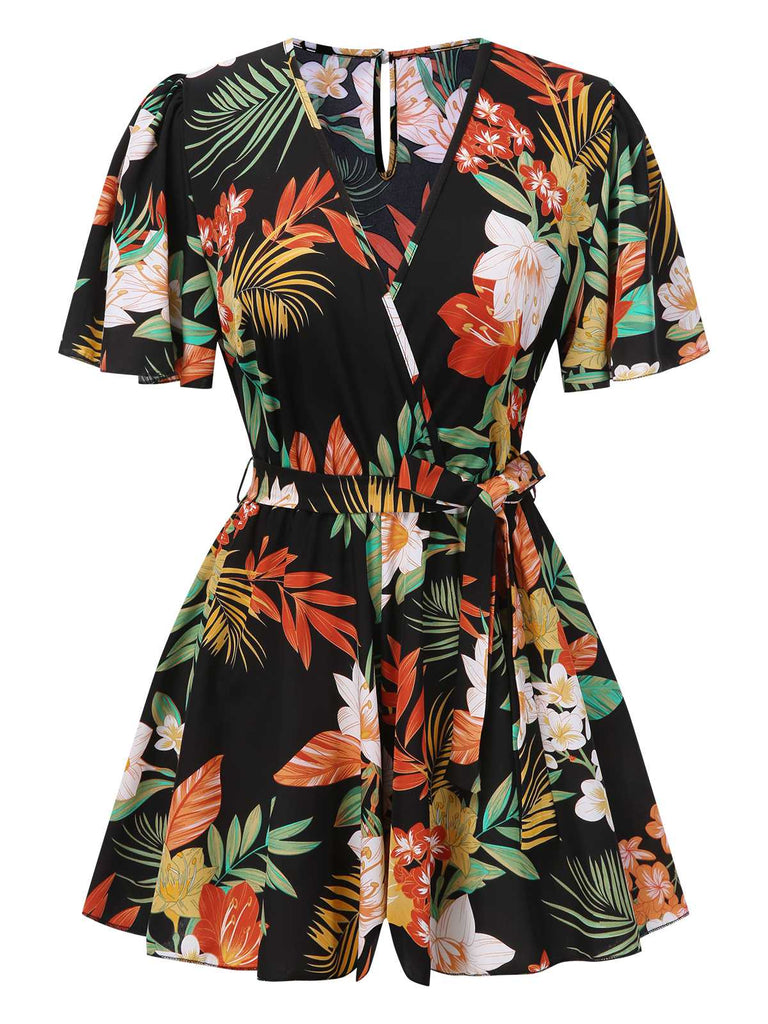 1970er V-Ausschnitt Boho Blumen Gürtel Romper