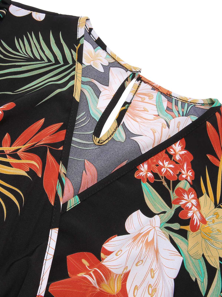 1970er V-Ausschnitt Boho Blumen Gürtel Romper