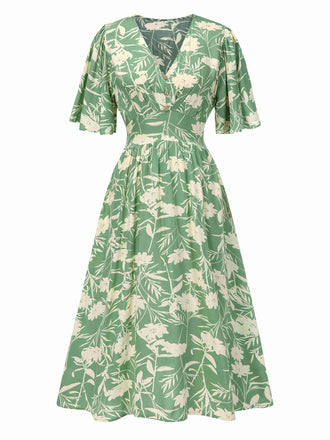 Grün 1940er V-Ausschnitt Silhouette Blumen Kleid