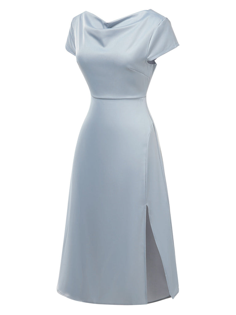1940er Solide Wasserfallausschnitt Satin Zurück-Hohl Kleid