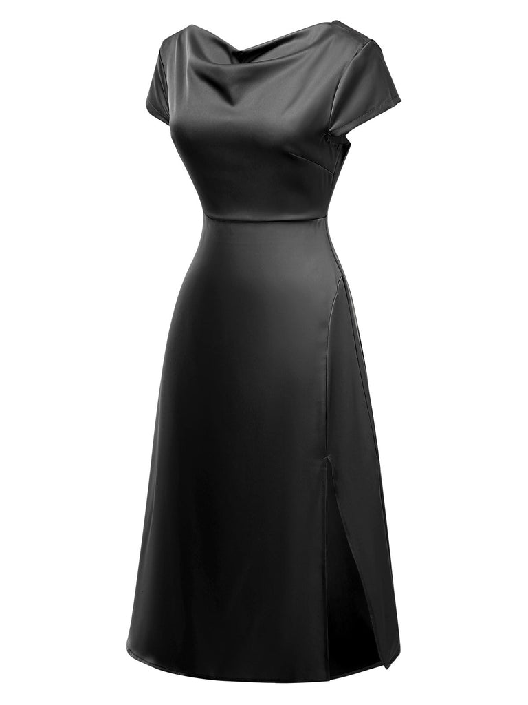 1940er Solide Wasserfallausschnitt Satin Zurück-Hohl Kleid