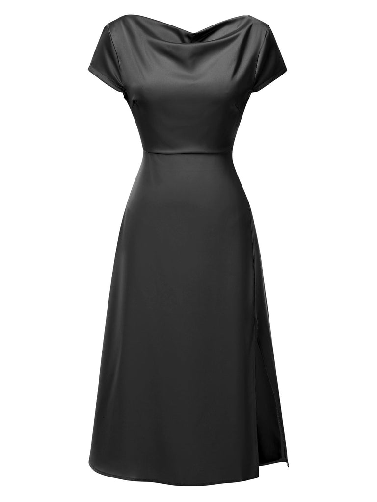 1940er Solide Wasserfallausschnitt Satin Zurück-Hohl Kleid