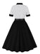 Schwarz 1950er Vertikal Streifen Patchwork Revers Kleid