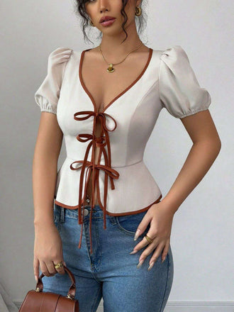 Weiß 1950er Puffärmel Waist Top