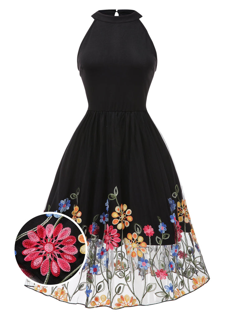 Schwarz 1950er 3D Blumen Besticktes Netz Kleid