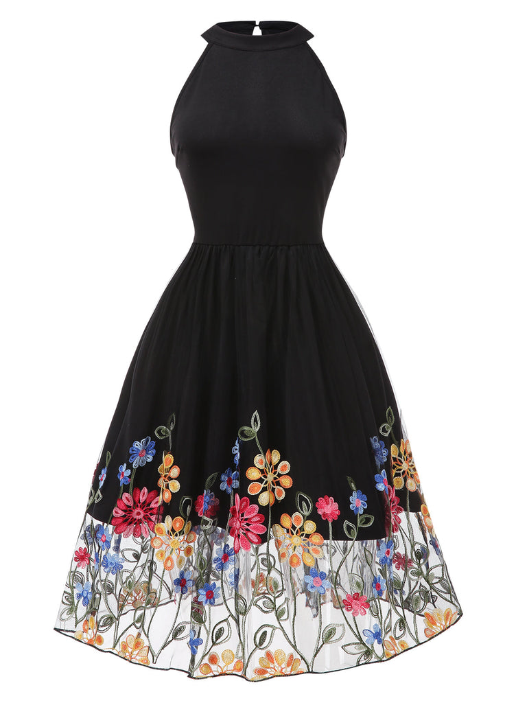 Schwarz 1950er 3D Blumen Besticktes Netz Kleid