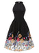 Schwarz 1950er 3D Blumen Besticktes Netz Kleid