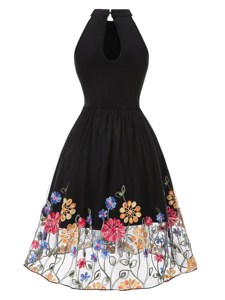 Schwarz 1950er 3D Blumen Besticktes Netz Kleid