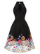 Schwarz 1950er 3D Blumen Besticktes Netz Kleid