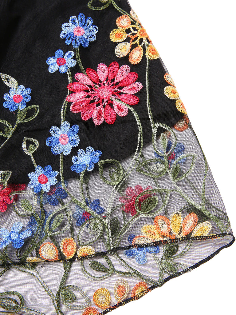 Schwarz 1950er 3D Blumen Besticktes Netz Kleid
