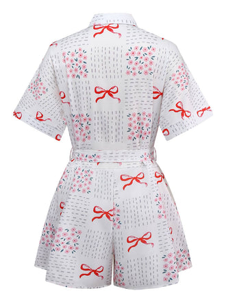 Rosa & Weiß 1950er Bogen & Blumen Gürtel Revers Romper