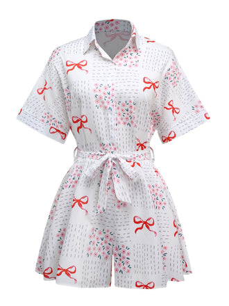 Rosa & Weiß 1950er Bogen & Blumen Gürtel Revers Romper