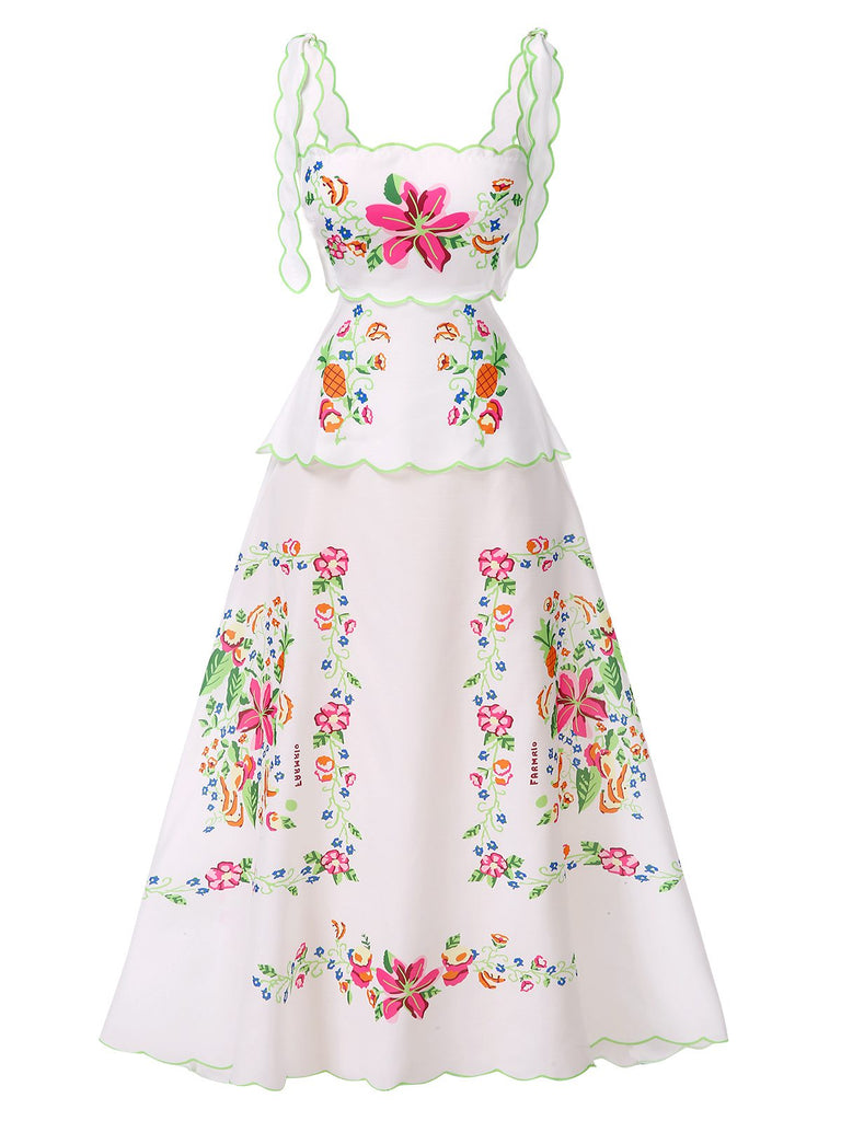 Weiß 1940er Blumen Drucken Zurückbinden Kleid