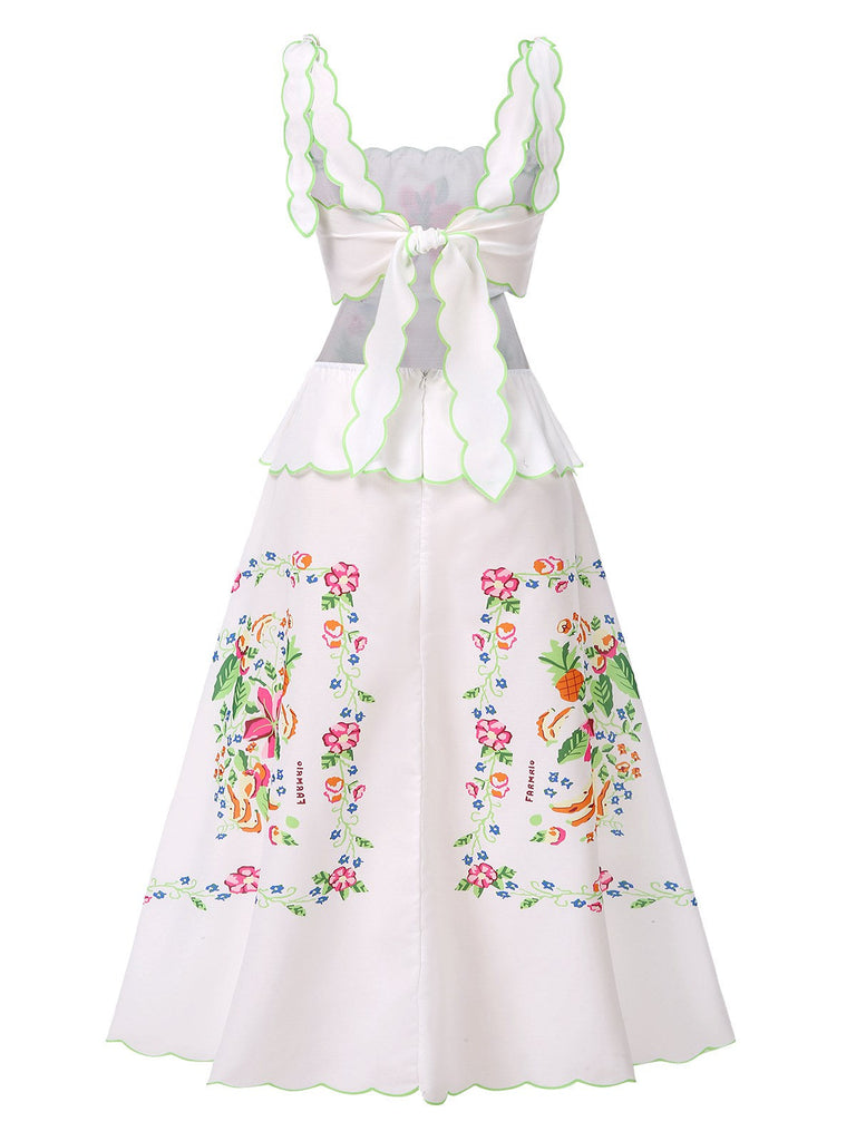 Weiß 1940er Blumen Drucken Zurückbinden Kleid