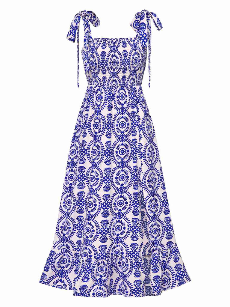 Blau 1970er Bohemien Träger Ärmellos Kleid