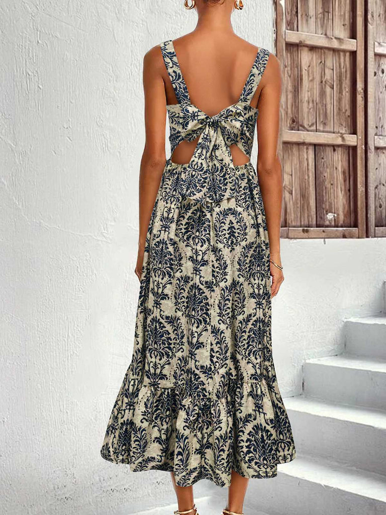 1950er Träger Quadratischer Hals Binden-Zurück Blumen Kleid