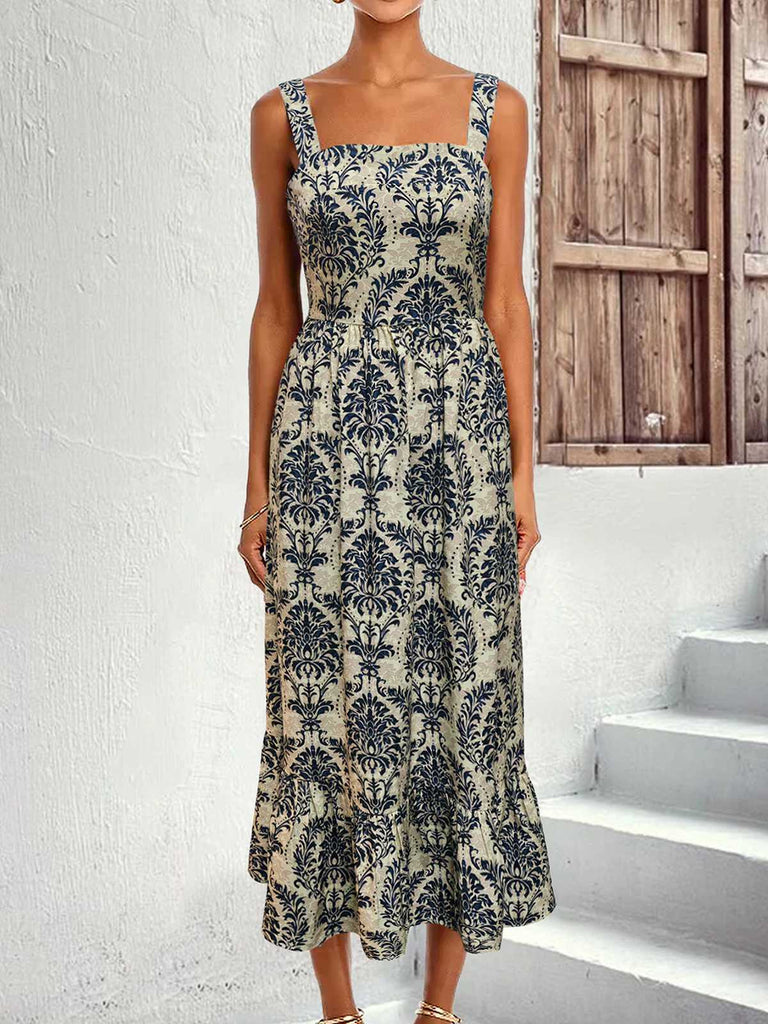 1950er Träger Quadratischer Hals Binden-Zurück Blumen Kleid