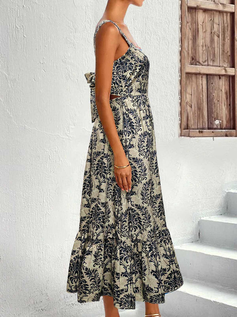 1950er Träger Quadratischer Hals Binden-Zurück Blumen Kleid