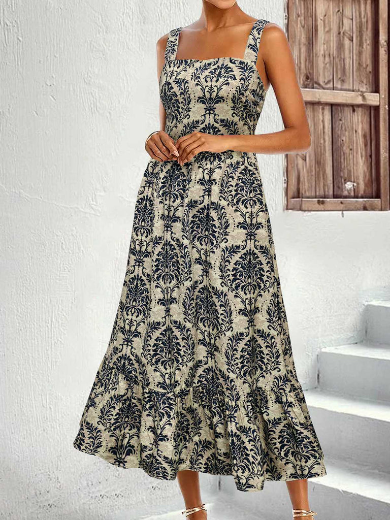 1950er Träger Quadratischer Hals Binden-Zurück Blumen Kleid