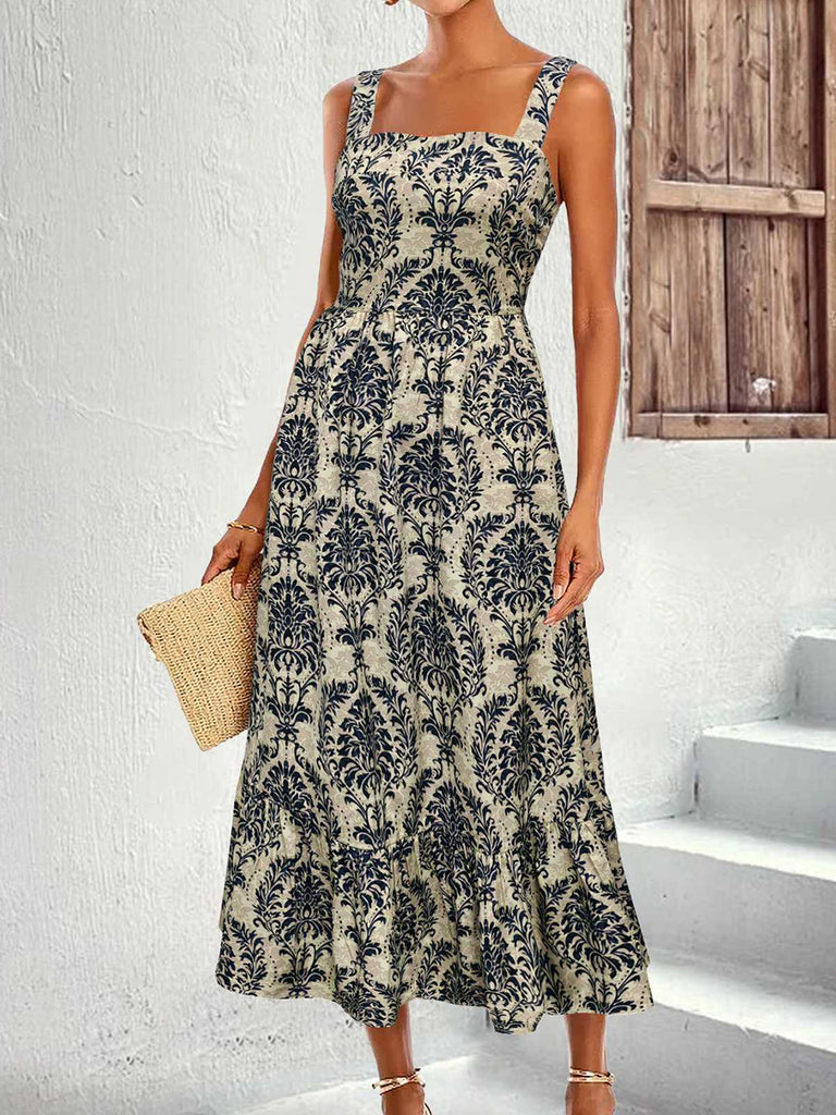 1950er Träger Quadratischer Hals Binden-Zurück Blumen Kleid