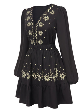 Schwarz 1940er Tief-V Besticktes Blumen Kleid