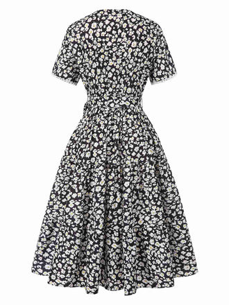 Schwarz 1950er Kleine Blumen V-Ausschnitt Schnürung Dress