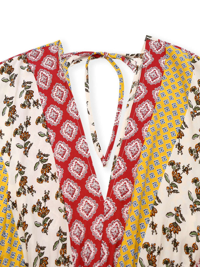 Gelb 1970er Bohemien Blumen Stammesmuster Jumpsuit