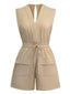 Khaki 1930er V-Ausschnitt Tasche Solide Romper