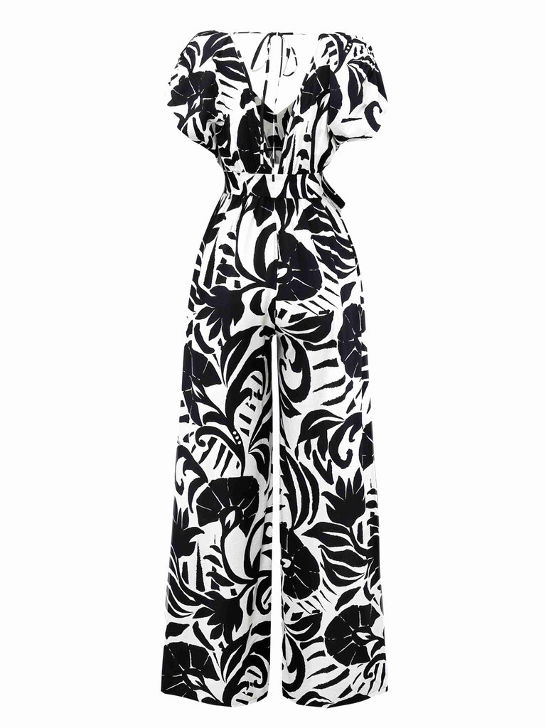 Schwarz 1940er Pflanzen Silhouette Fledermausärmel Jumpsuit
